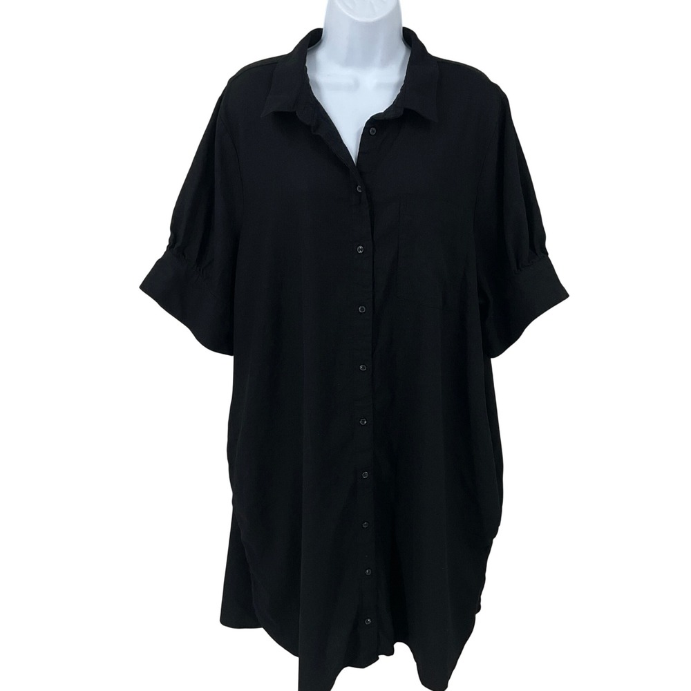 Old Navy Shirt Dress Women XXL Black Linen Oversized Puff Sleeve Minimalist